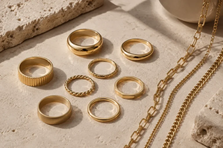10k, 14k, 18k, and 9k Gold: What the Karat Numbers Mean Unbranded gold rings and chain links in different warm gold tones on a neutral stone surface.