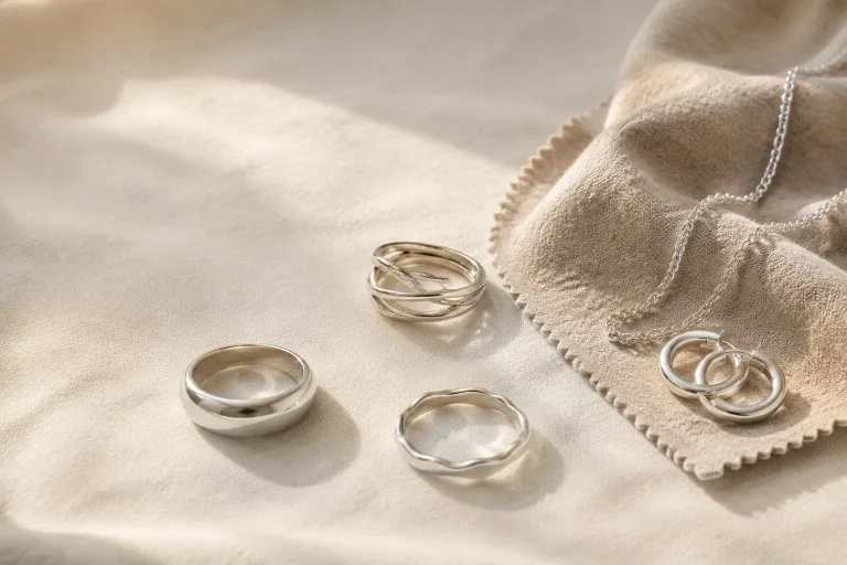 Unbranded silver rings, hoops, and a chain arranged on neutral linen in soft daylight.