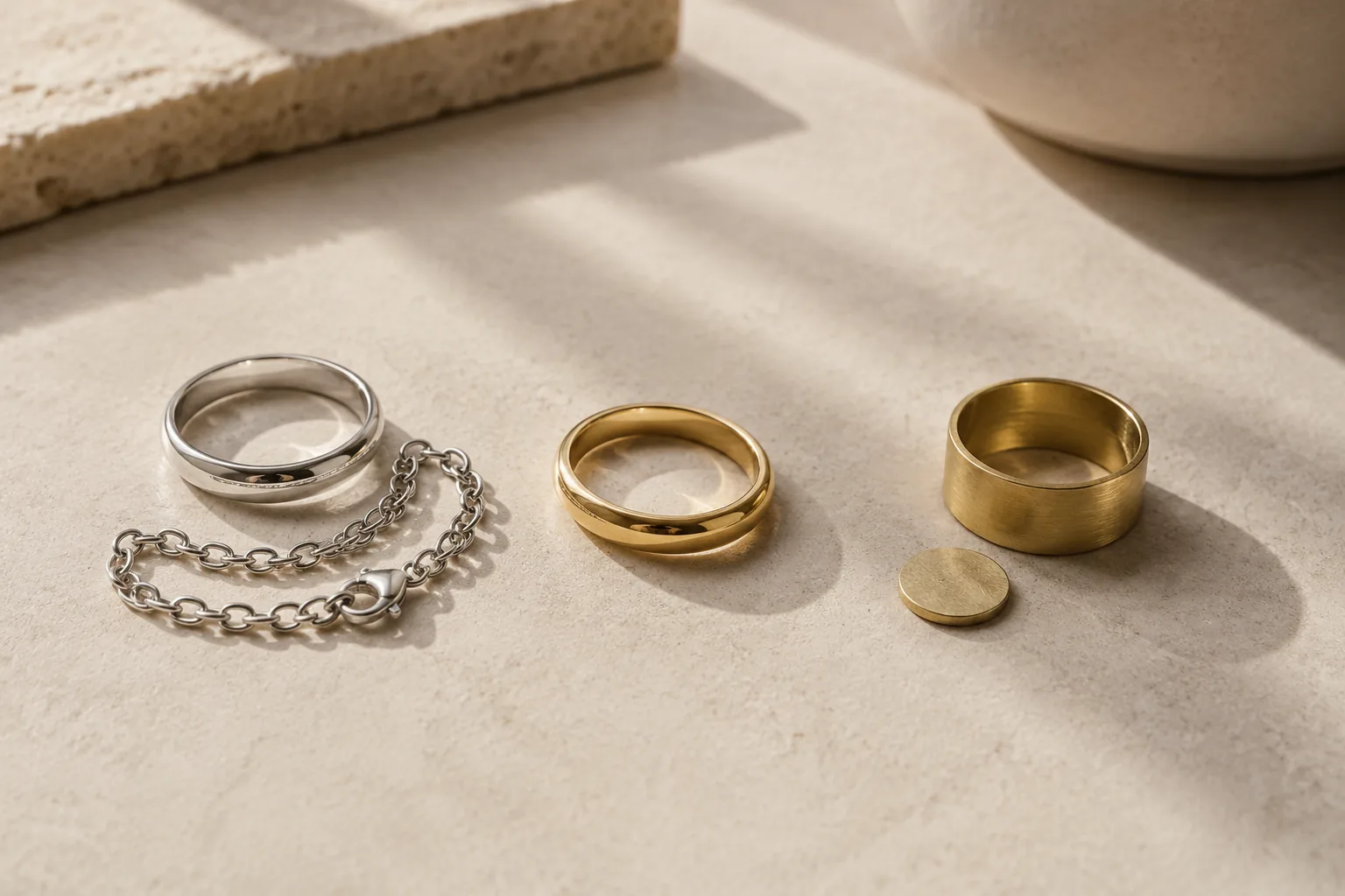 Unbranded silver-tone, gold-tone, and brass-colored jewelry pieces separated on a neutral tabletop.