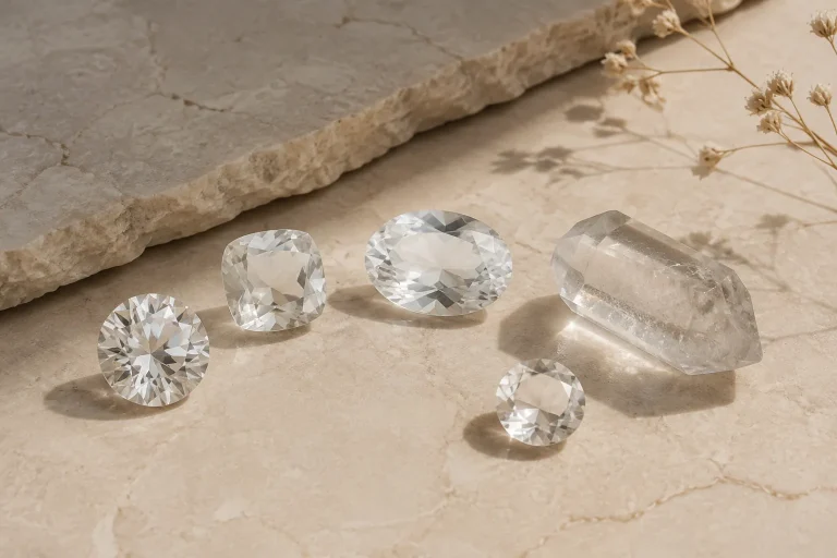 A group of generic clear and white gemstones representing diamond and common April birthstone alternatives