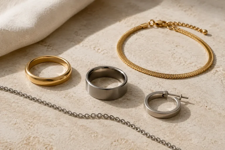 Unbranded gold, silver, steel, titanium, and plated everyday jewelry pieces arranged on a neutral surface.
