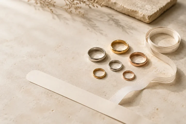 Between Two Ring Sizes? What Official Ring Size Guides Recommend Unbranded rings and a plain measuring strip arranged on a neutral tabletop for a ring sizing guide.