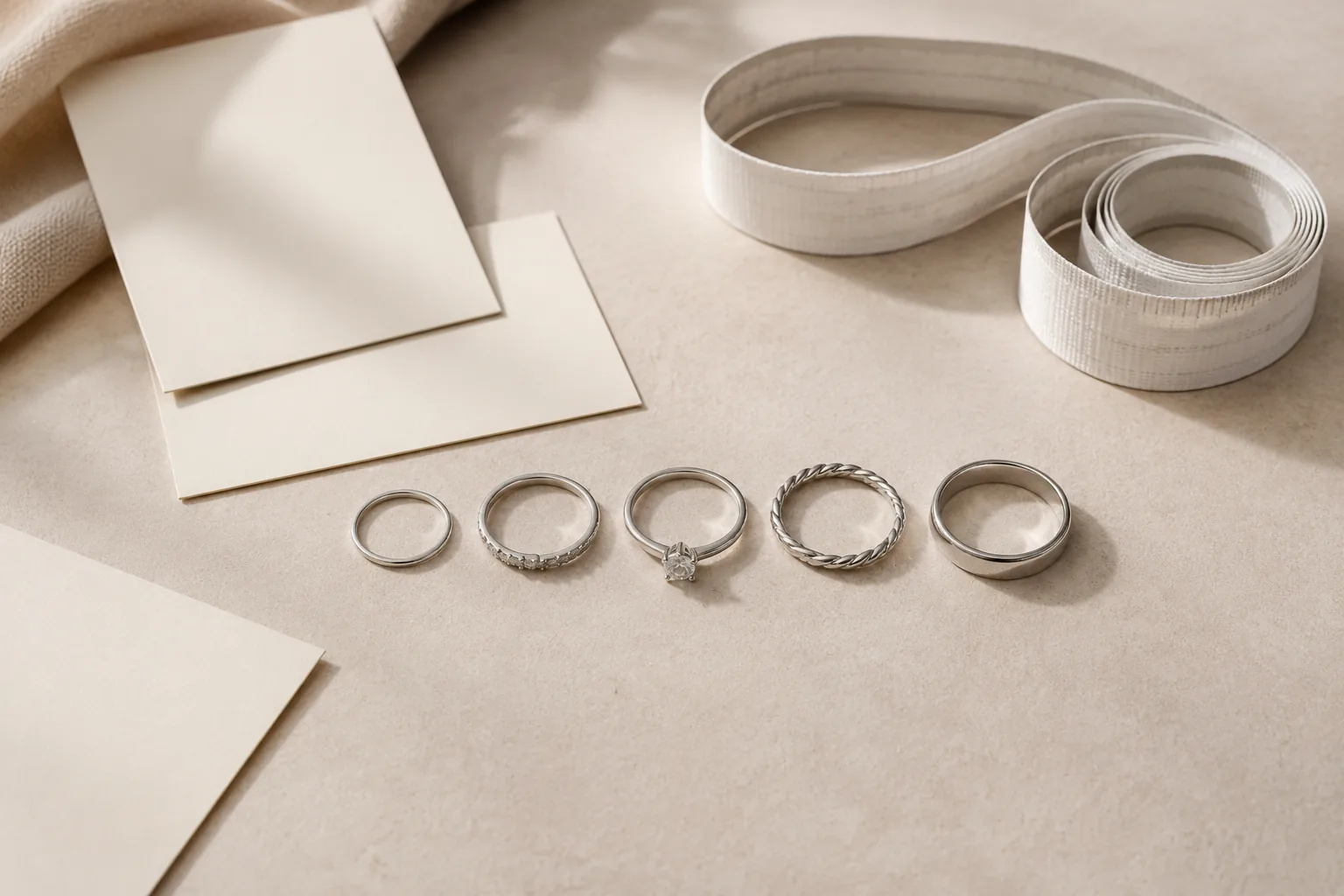 Several unbranded rings arranged with blank note cards and a plain measuring tape to suggest comparing sizing guidance.