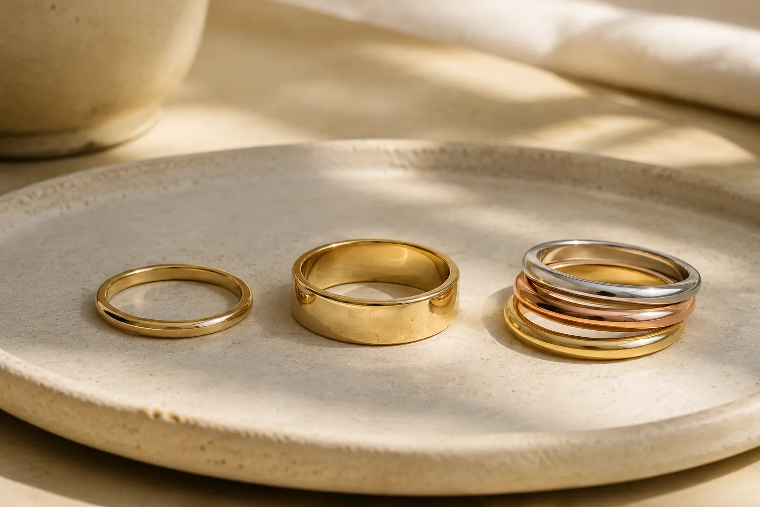 Slim, wide, and stacked unbranded rings displayed together to show how ring design can affect fit.