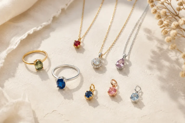A clean editorial arrangement of generic birthstone jewelry pieces in different gemstone colors.