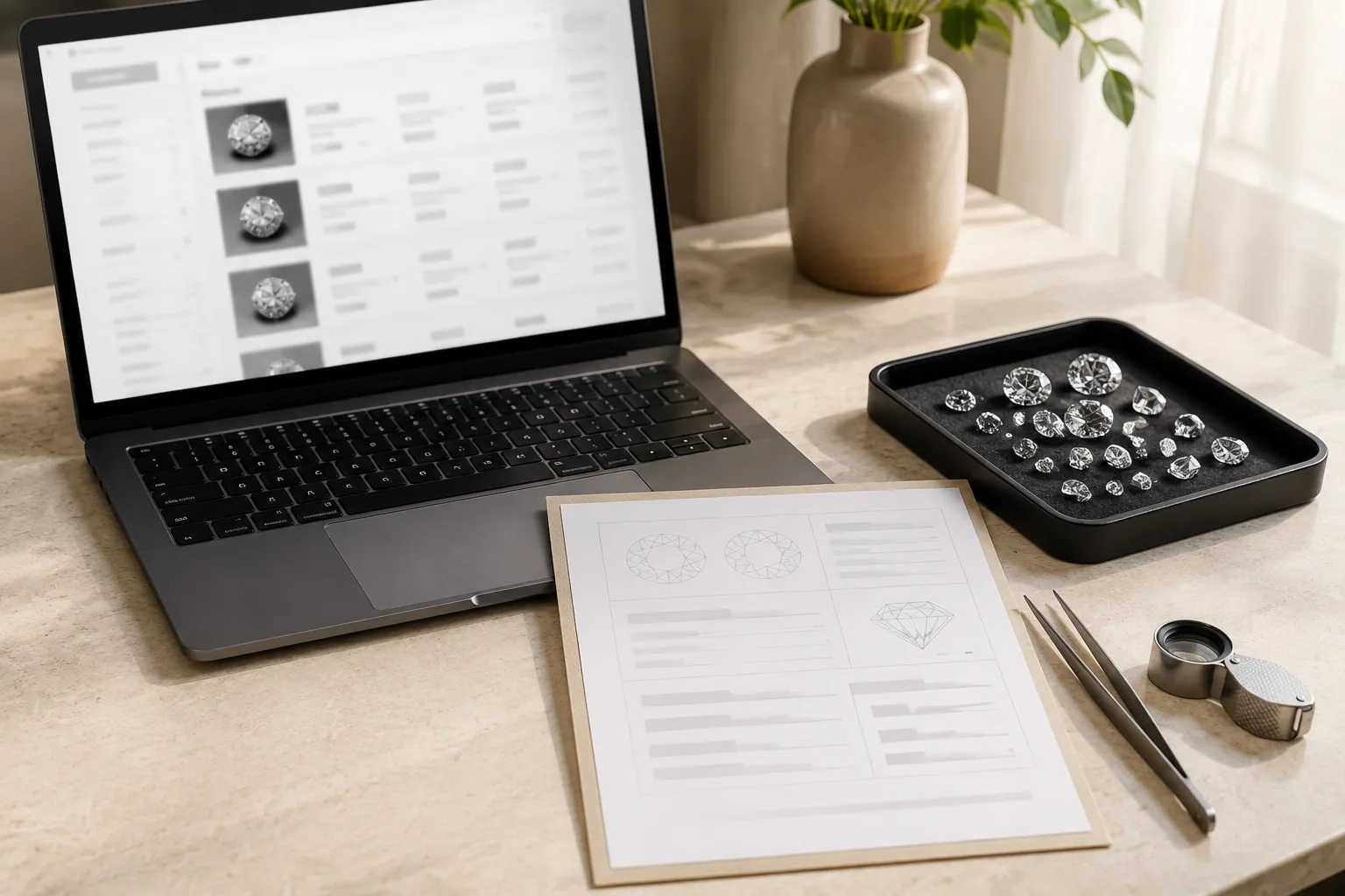 A diamond shopping desk with loose stones, a loupe, and blank report papers.