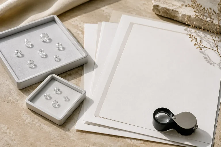 Loose diamonds beside blank grading report papers and a jeweler's loupe.