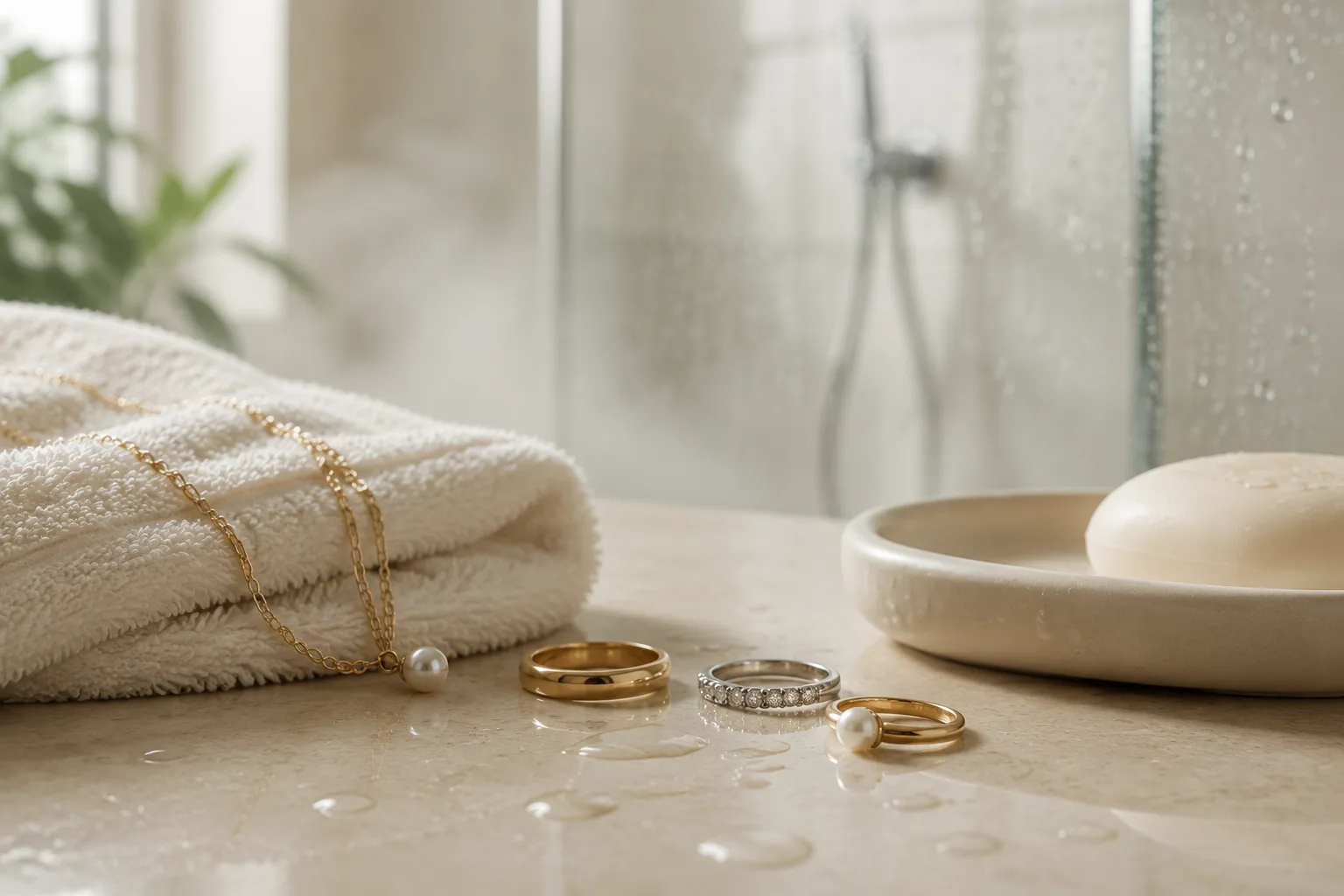 Generic jewelry set aside near a towel and soap dish to avoid shower residue.
