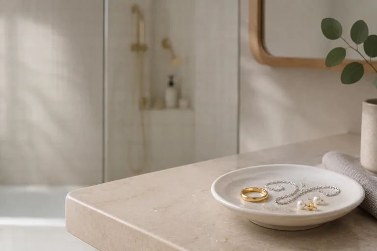 Can You Shower With Jewelry? What Brand Care Pages Actually Warn About Everyday jewelry resting in a small dish on a bathroom vanity away from the shower.