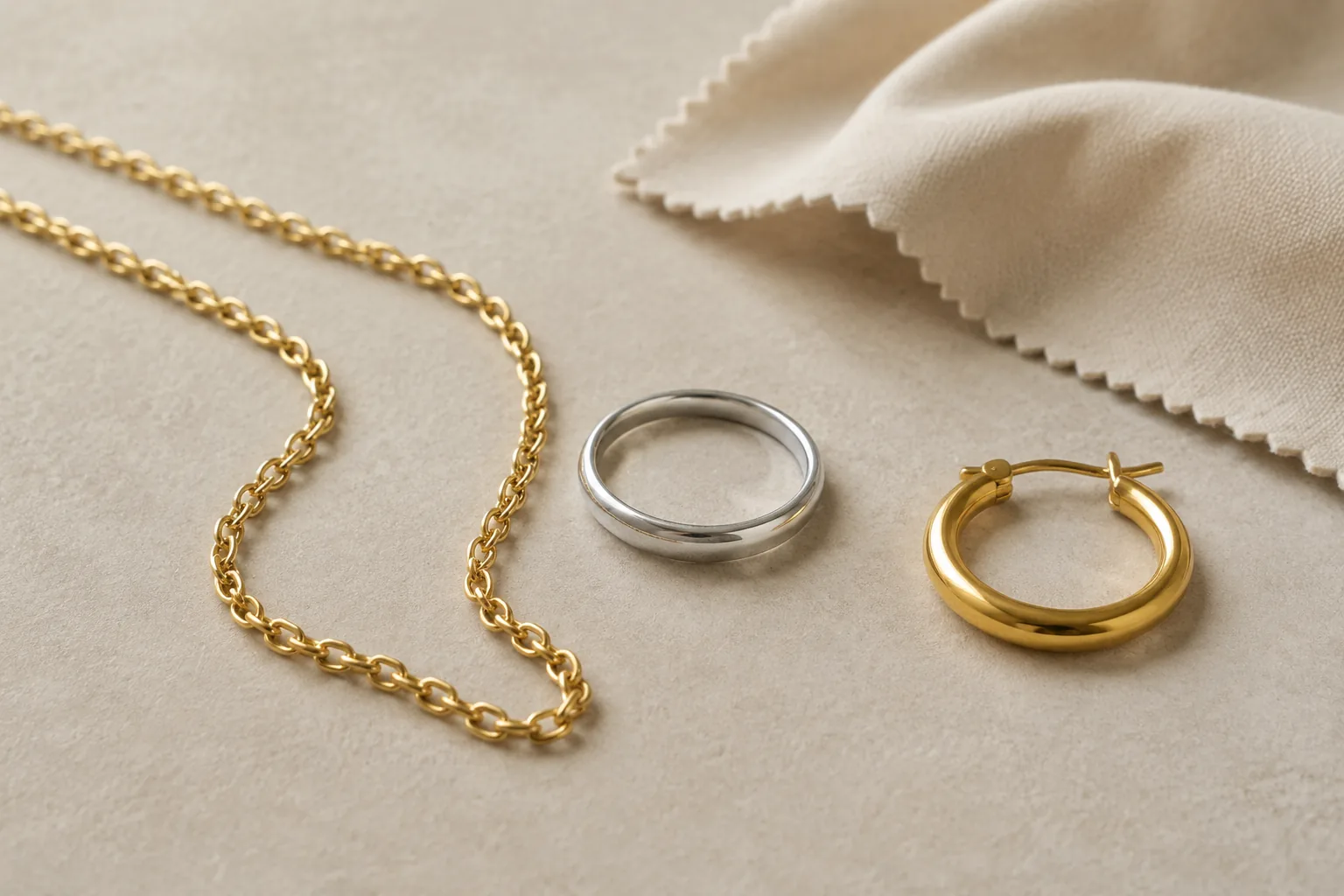 Different generic jewelry materials arranged with a soft polishing cloth for care comparison.