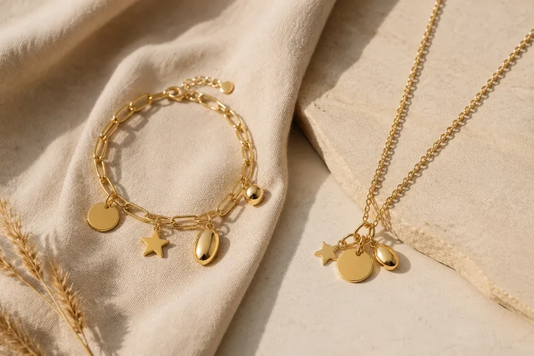 Unbranded charm bracelet and charm necklace arranged side by side on neutral fabric.