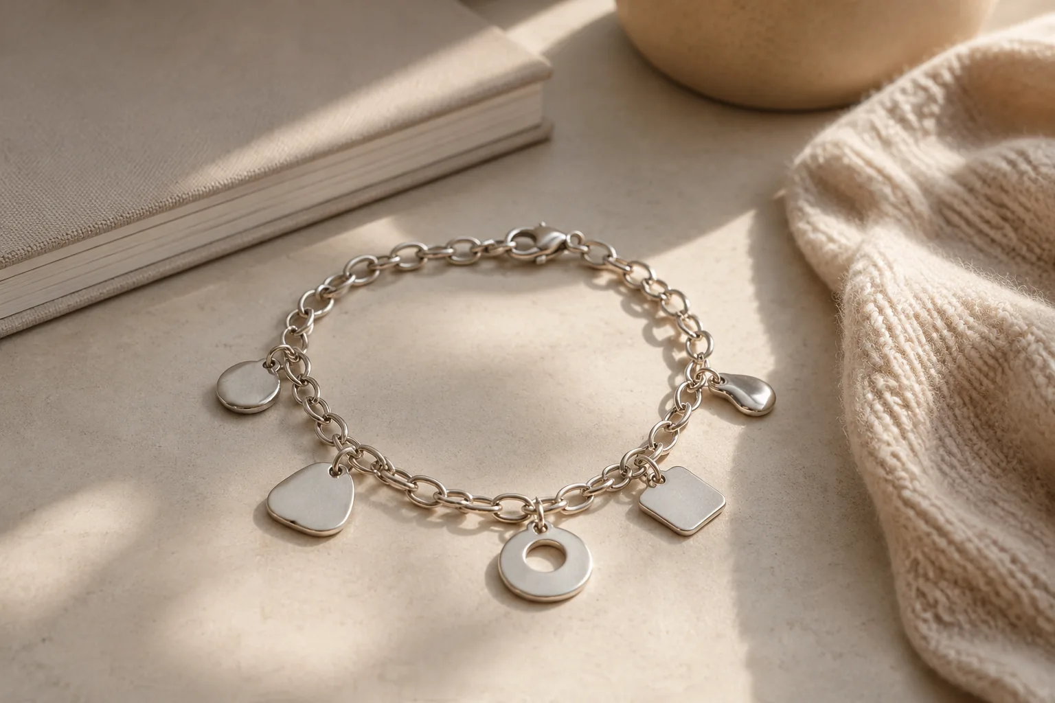 Generic charm bracelet on a neutral desk setting with simple abstract charms.