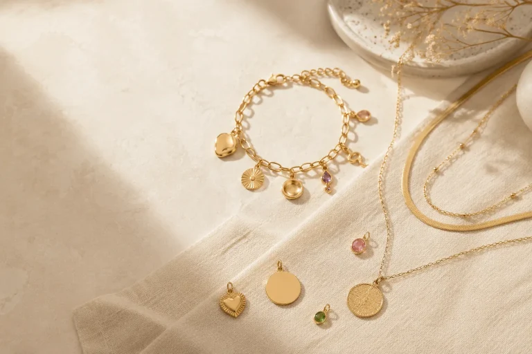 Charm Styling Guide: Story Bracelets, Fine Charms, and Necklace Layers Unbranded charm bracelet, pendant necklace, and layered chains arranged on a warm neutral surface.