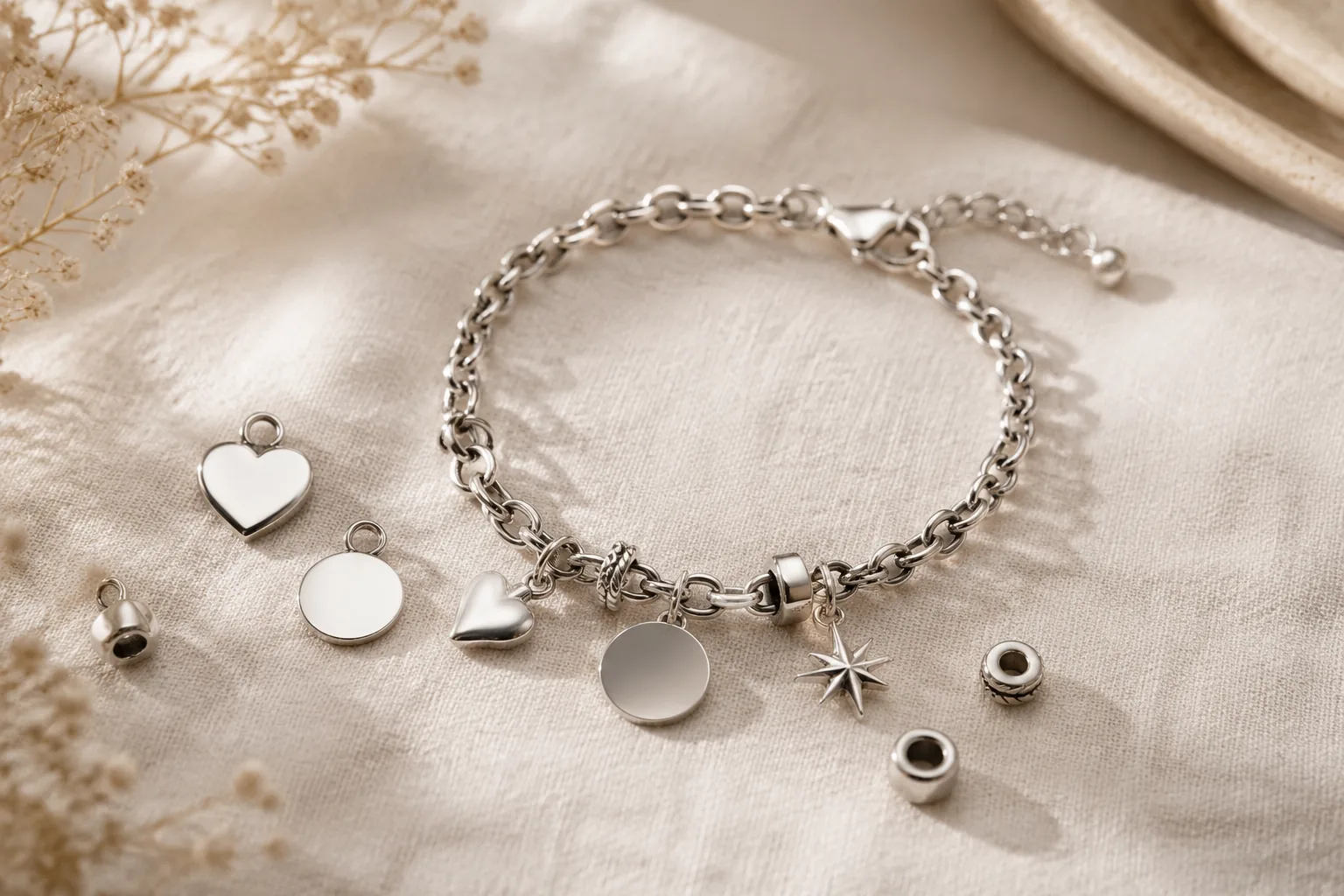 Generic charm bracelet with simple unbranded charms arranged to suggest a personal collection.