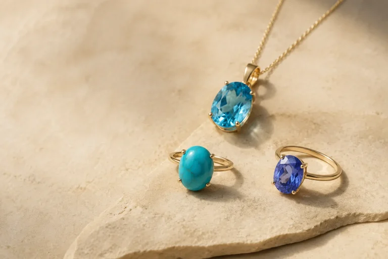 December Birthstone Jewelry: Topaz, Turquoise, or Tanzanite? Unbranded jewelry featuring blue topaz, turquoise, and tanzanite-inspired stones arranged for a December birthstone comparison.
