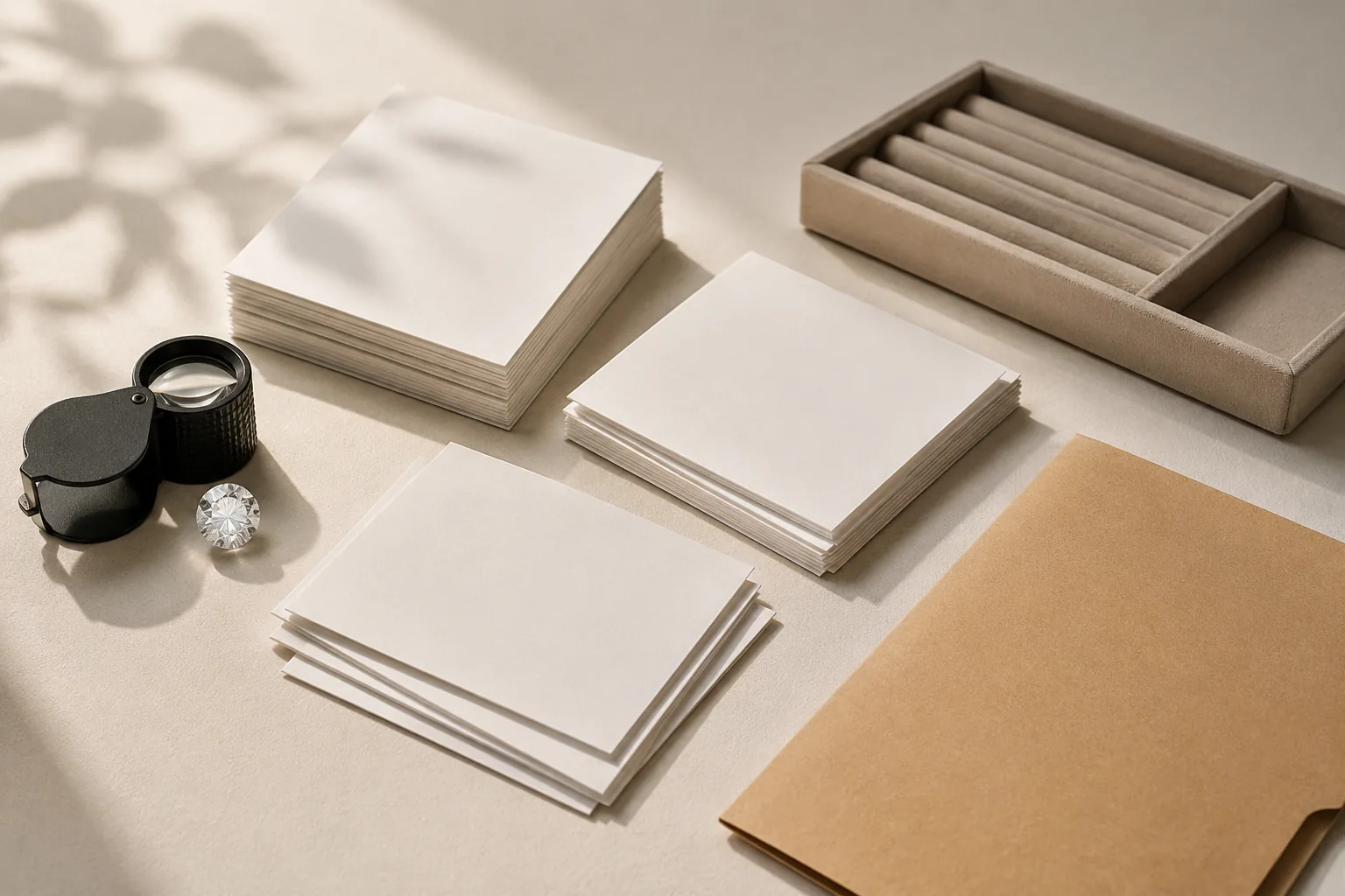 A loose diamond beside a loupe and separate stacks of blank documents representing different types of evidence.