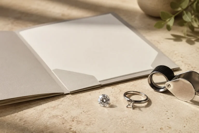 Diamond Certification Explained: Reports, Supplier Standards, and Brand Claims A loose diamond, loupe, ring setting, and blank report-style papers on a neutral tabletop.