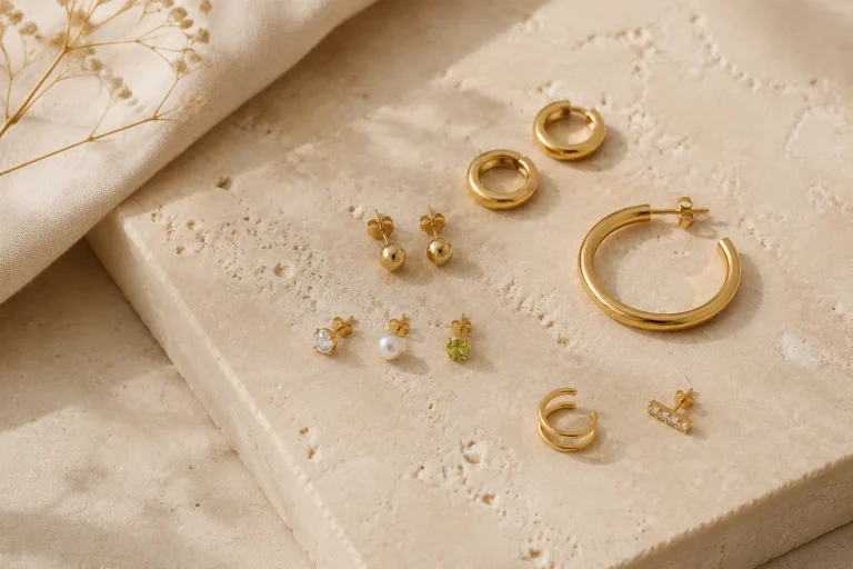 How to Build an Ear Stack by Style: Minimal, XL, Pearl, Diamond, or Birthstone A neutral editorial arrangement of generic hoops, studs, pearls, and gemstone-style earrings for planning an ear stack.