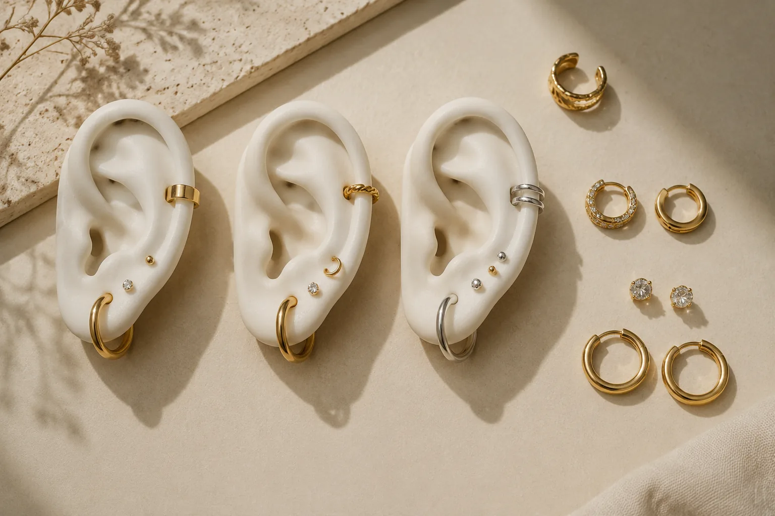 A neutral ear-stack planning layout showing generic hoops, studs, huggies, and a cuff arranged by size and placement.