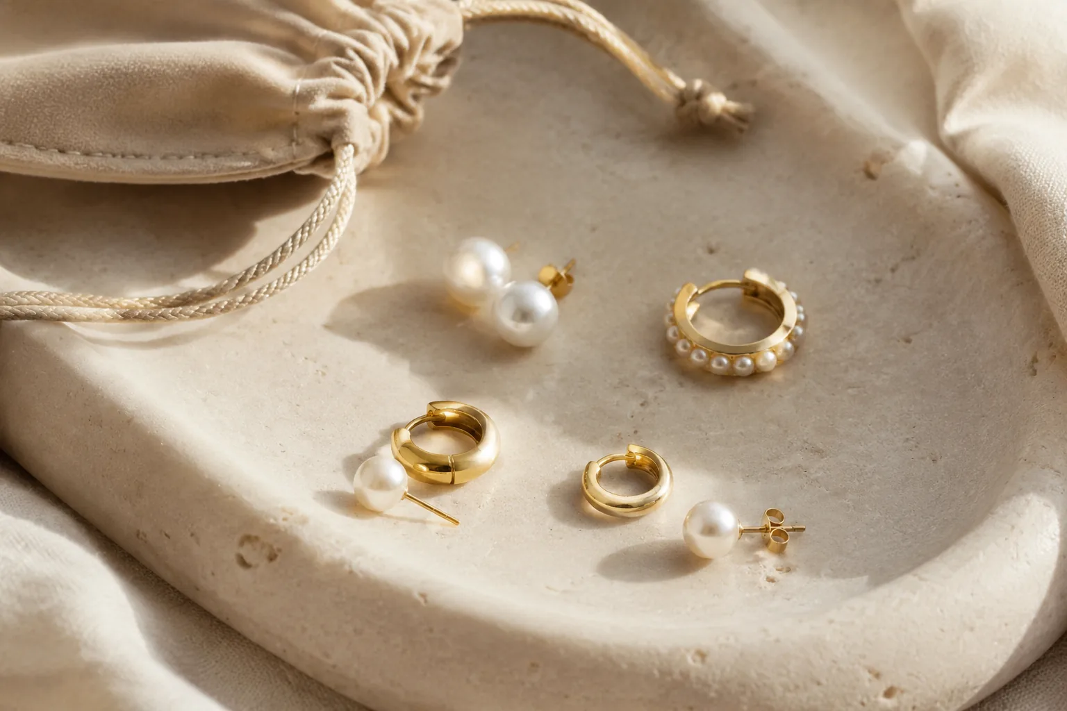 Generic pearl studs, a pearl hoop, small huggies, and a soft pouch arranged as a pearl ear-stack care concept.