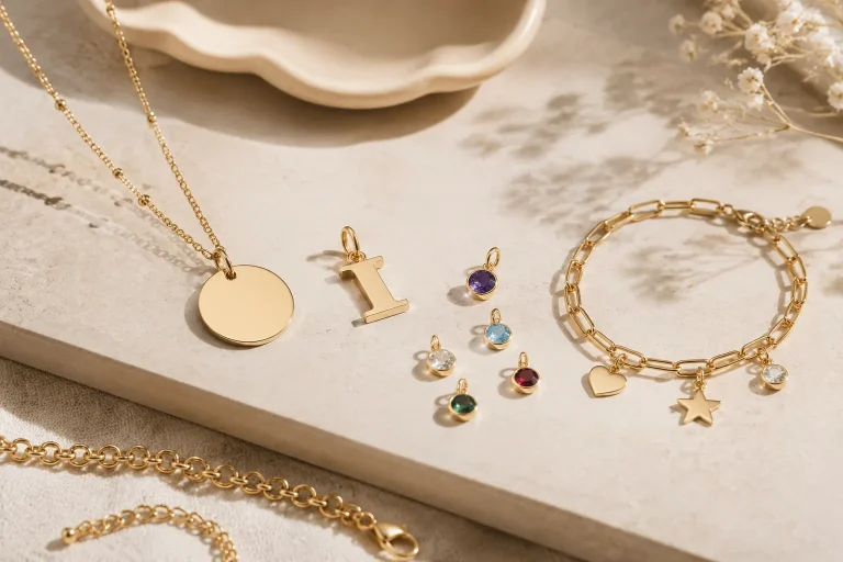 Engraving vs Birthstone vs Charm Jewelry: Which Personalized Gift Should You Choose? Generic personalized jewelry options including an engravable pendant, birthstone-style charms, and a charm bracelet on a warm neutral tabletop.