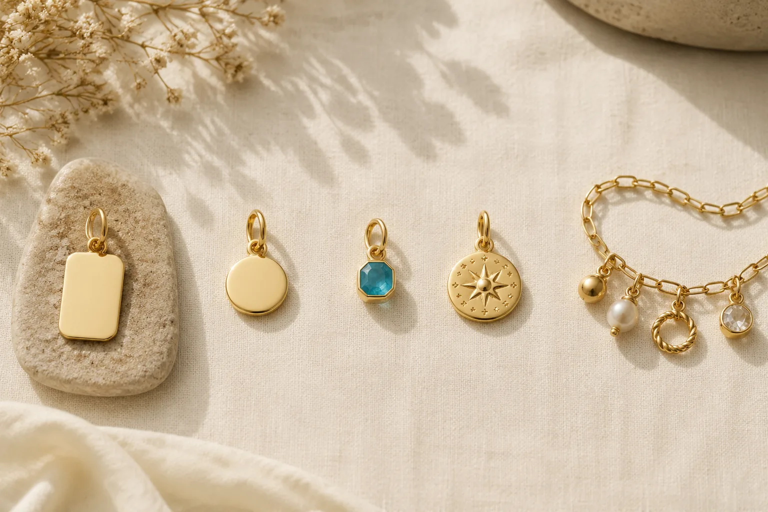 Five generic jewelry personalization formats shown as a neutral flat lay: engraving, initial, birthstone-style charm, celestial charm, and charm chain.