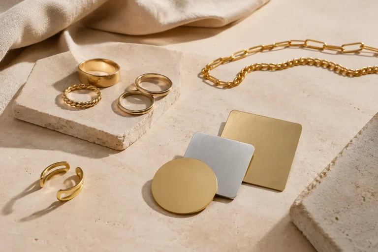 Gold Vermeil vs Gold Plated: What the Base Metal Changes Unbranded gold-tone rings and chain links on a neutral tabletop, suggesting different base metals beneath a gold finish.