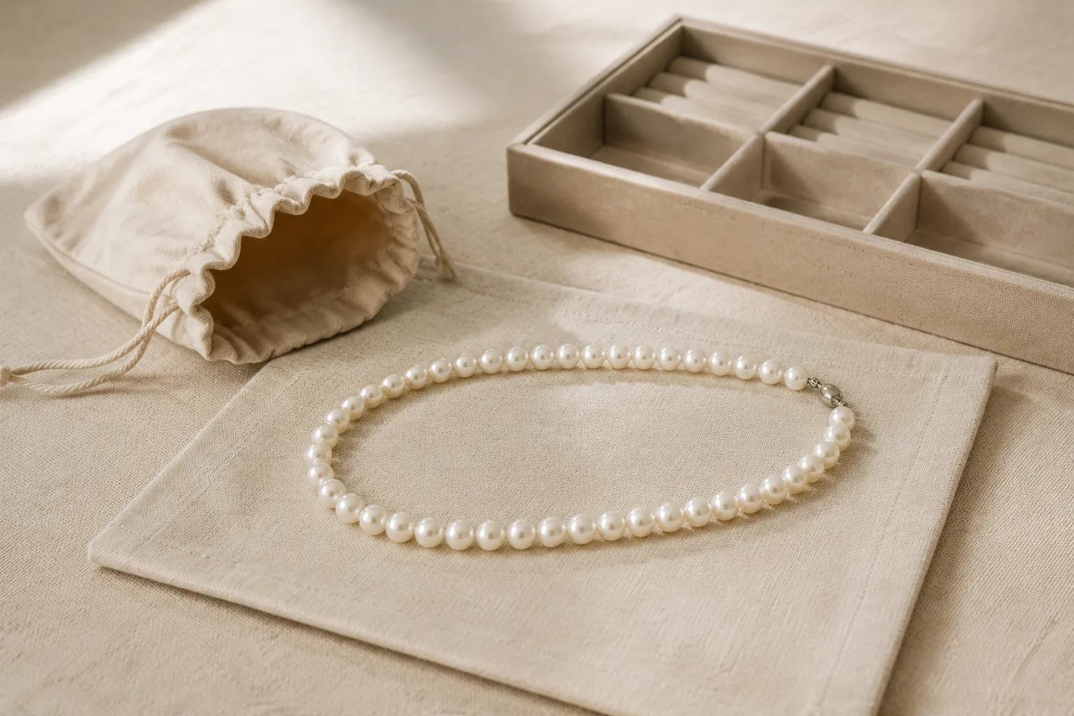 Pearl necklace drying flat on a soft cloth beside a pouch and jewelry tray.