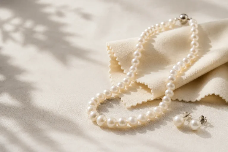 Pearl jewelry resting on a soft cloth with a gentle cleaning cloth nearby.