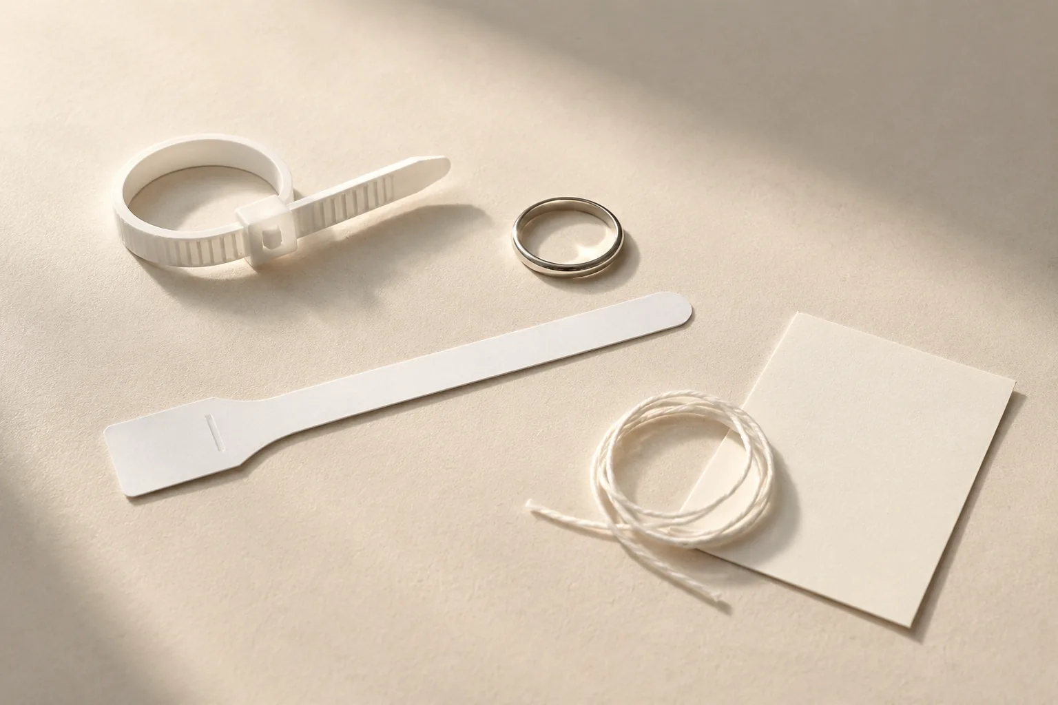 A generic plastic ring sizer, existing ring, paper strip, and measuring thread arranged as at-home ring sizing options.