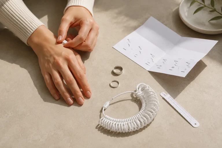 How to Measure Ring Size at Home: Printable Chart, Plastic Sizer, or Existing Ring? At-home ring sizing tools on a neutral tabletop, including plain rings, a generic plastic sizer, and an unbranded paper guide.