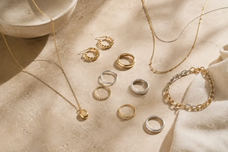Gold-tone and silver-tone everyday jewelry arranged together in a clean mixed metal stack.