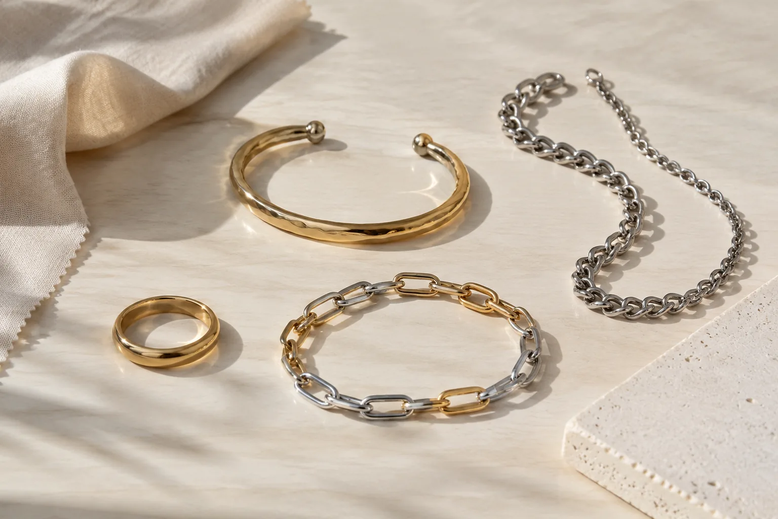 Generic gold-tone and silver-tone jewelry pieces arranged to suggest different material categories without labels.