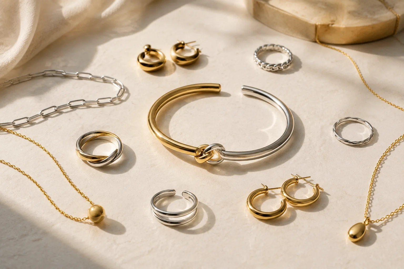 A two-tone jewelry piece anchors repeated gold and silver accents in a balanced mixed metal layout.