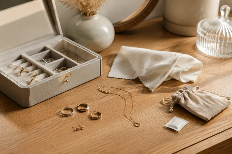 Generic jewelry stored in a lined box with a pouch and soft cloth on a dressing table.