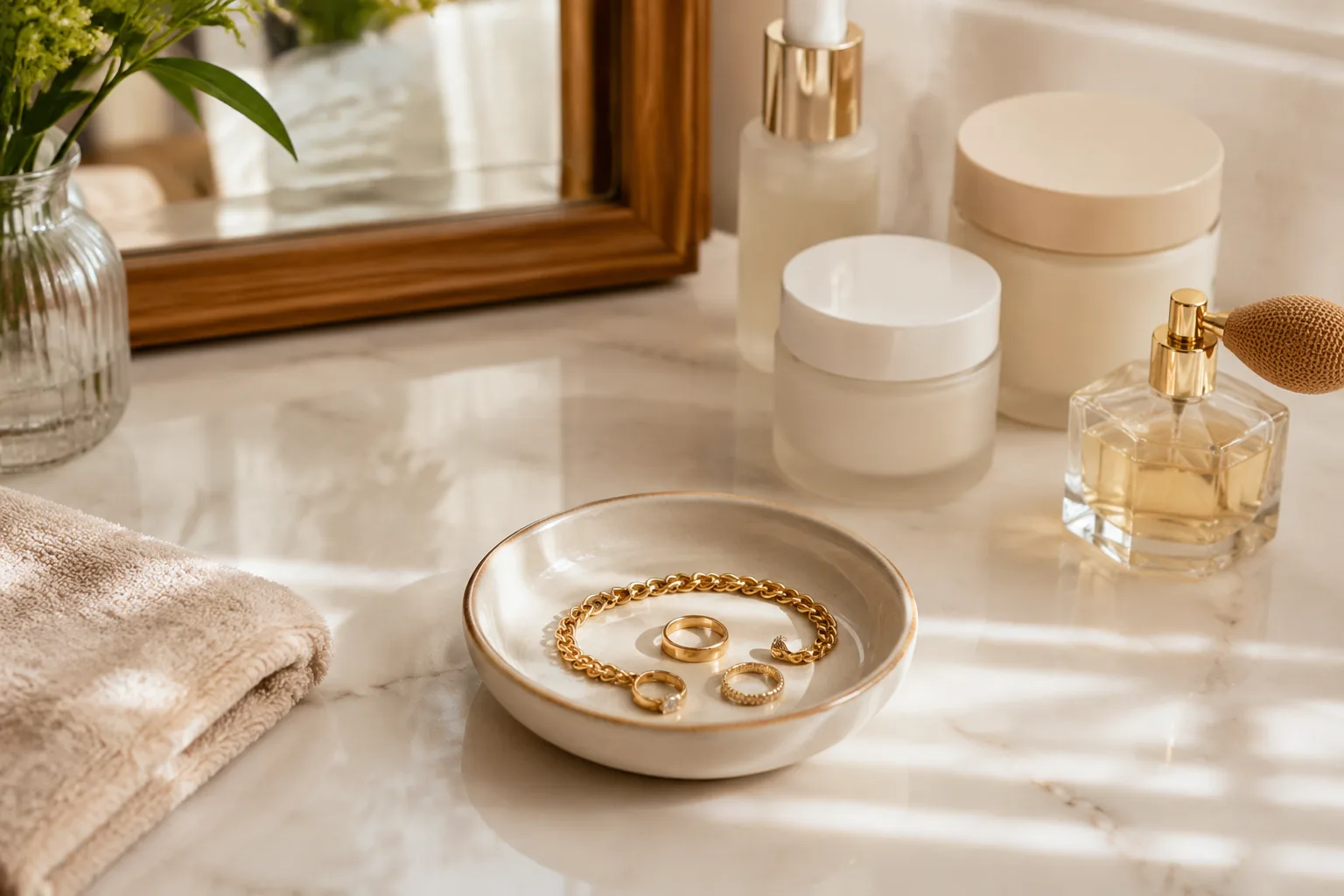 Jewelry resting in a small dish away from perfume, skincare, and towels on a dressing table.