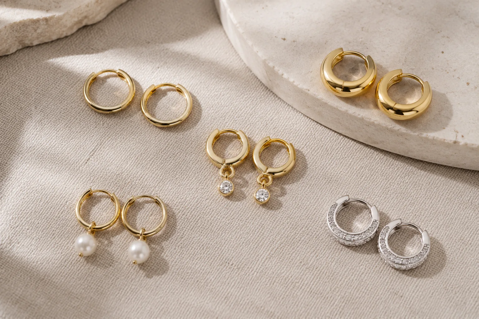 Five generic huggie earring styles arranged side by side for comparison.