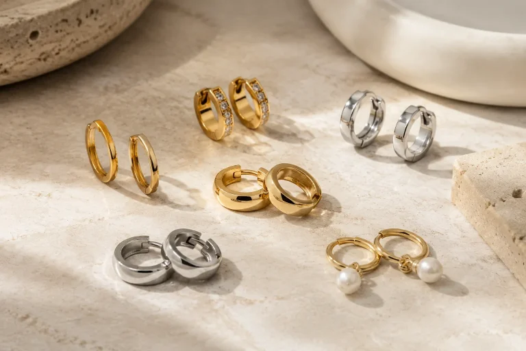 Unbranded gold and silver huggie earrings arranged on a neutral surface.