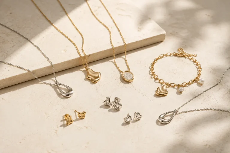 Dainty initial-inspired necklaces, studs, charms, and a subtle stone-accented pendant arranged on a neutral surface.