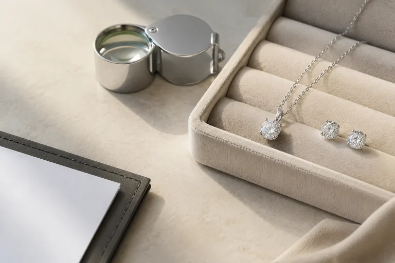 Editorial tabletop scene with generic lab-grown diamond jewelry, a loupe, and a certificate holder.