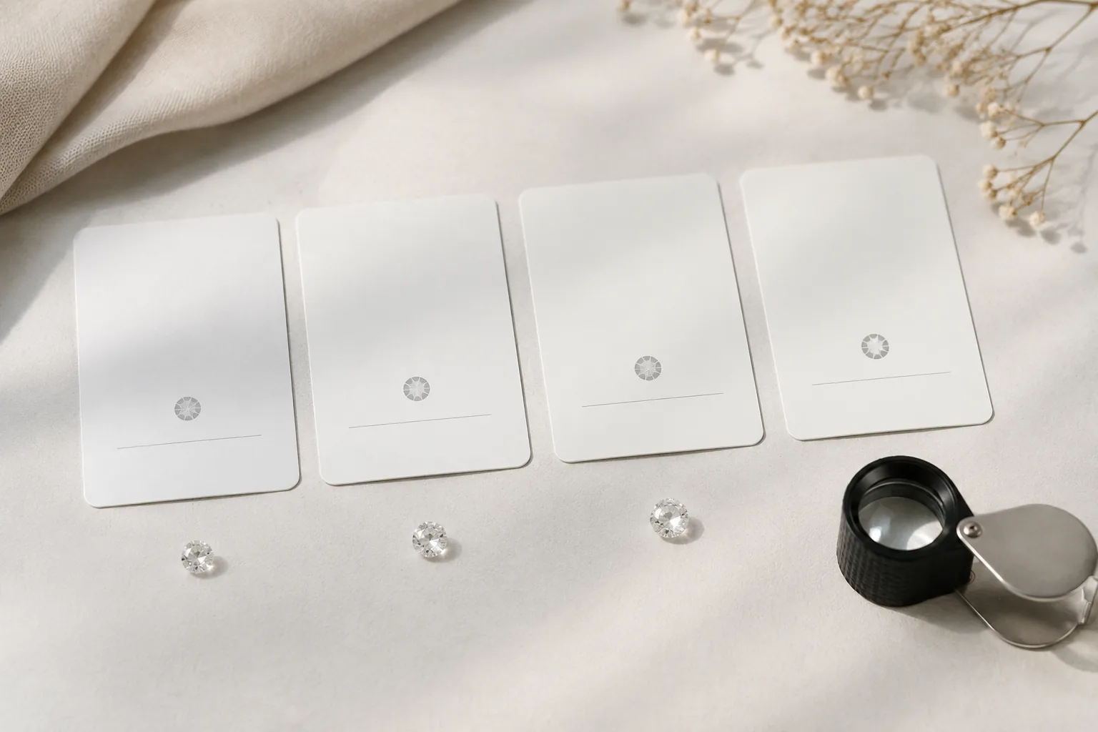Blank comparison cards with loose stones and a loupe representing diamond spec disclosure differences.