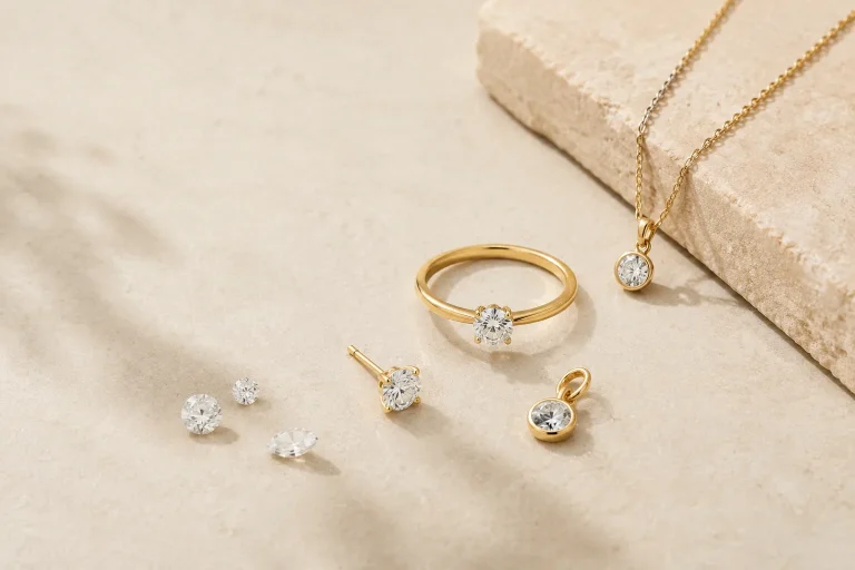 Mejuri vs Monica Vinader vs Missoma vs Pandora: Lab-Grown Diamond Specs Compared Generic lab-grown diamond jewelry pieces arranged for a brand-spec comparison.