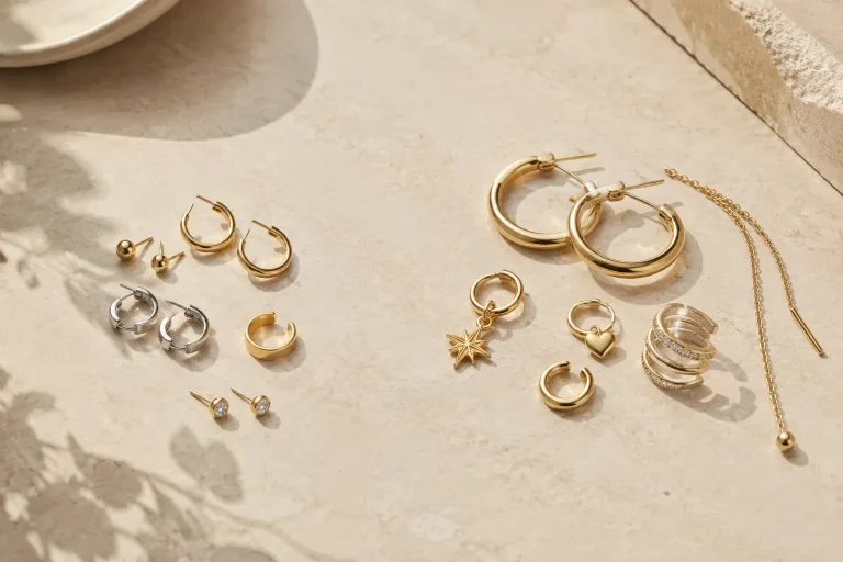 Mejuri vs Astrid & Miyu: Which Is Better for Minimalist or Maximalist Ear Styling? Minimalist studs and small hoops arranged beside bolder hoops, charms, cuffs, and an ear chain on a neutral surface.