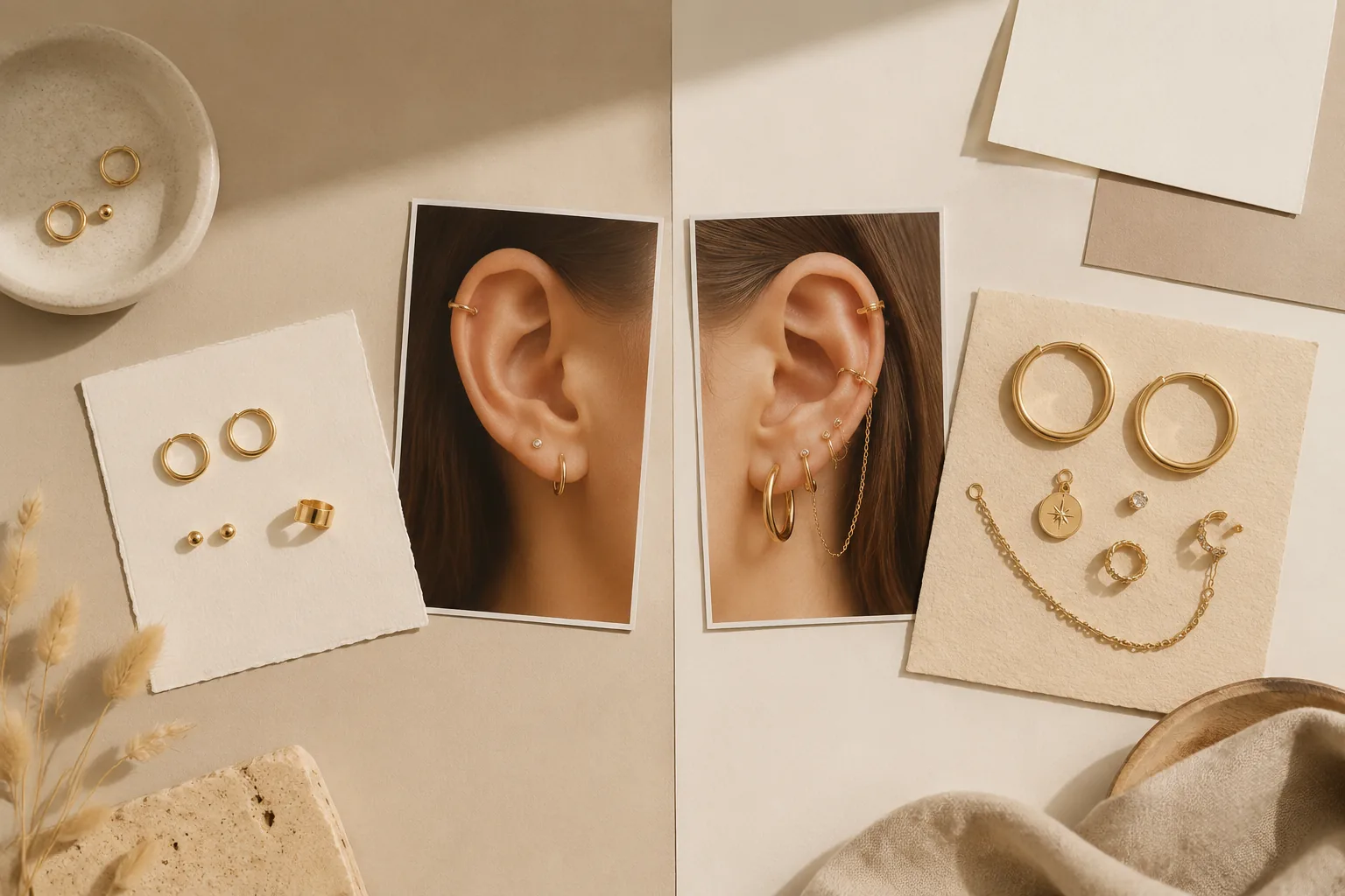 A neutral styling board contrasts simple everyday earrings with larger hoops, charms, cuffs, and a chain for a bolder ear stack.