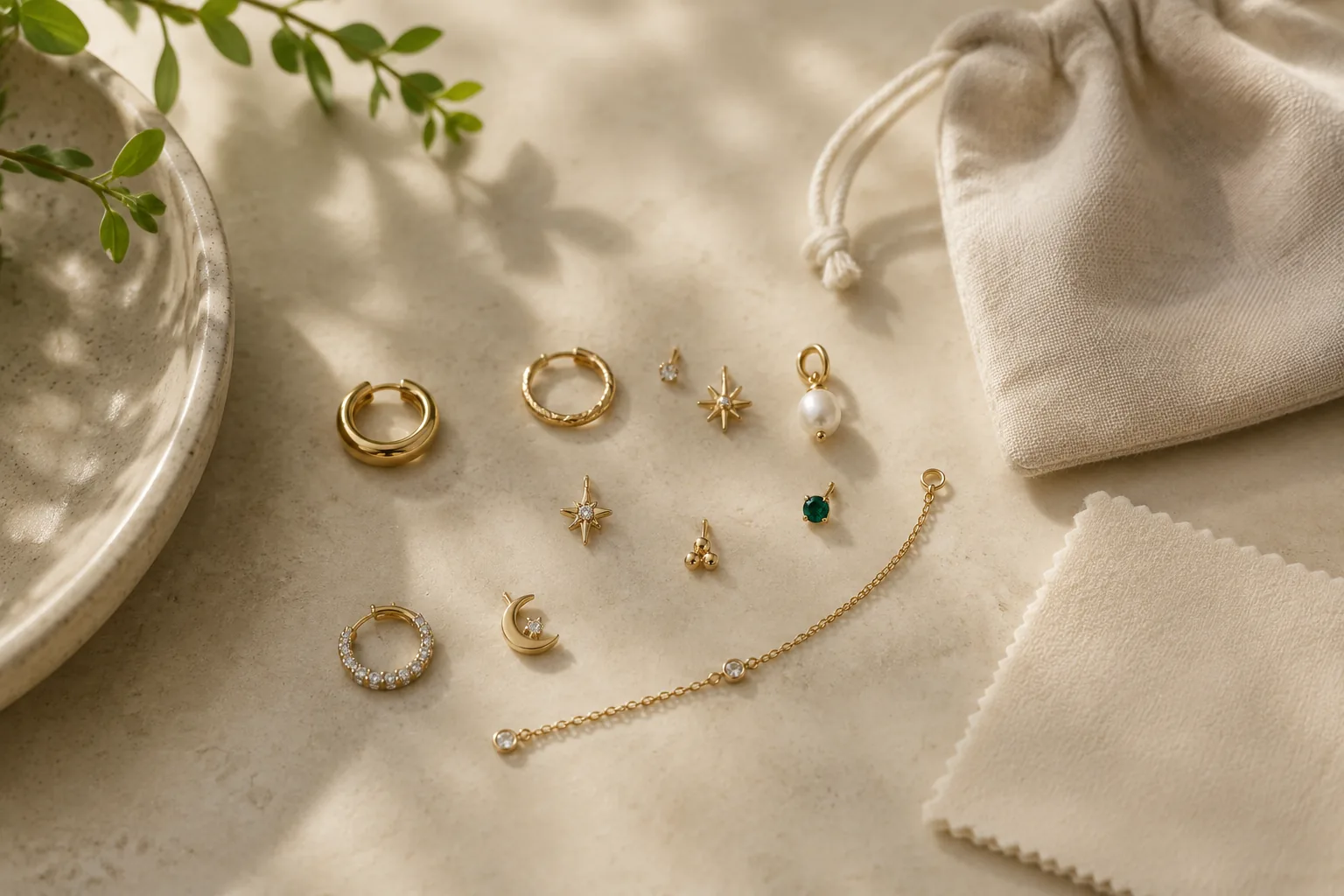 Generic small hoops, studs, charms, pearl, and gemstone jewelry arranged with a polishing cloth to suggest ear styling and care.