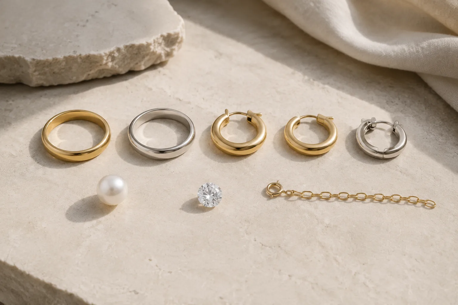 Generic jewelry materials including gold, silver, plated finishes, pearl, and gemstone pieces arranged for comparison.