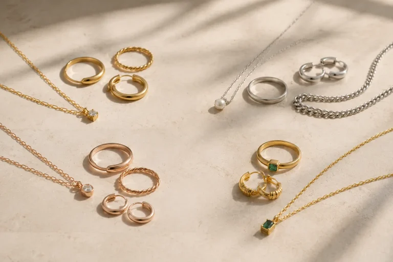 Mejuri vs Monica Vinader vs Missoma vs Astrid & Miyu: Which Is Better for Your Needs? Generic gold and silver jewelry pieces arranged on a neutral surface for a four-brand comparison guide.