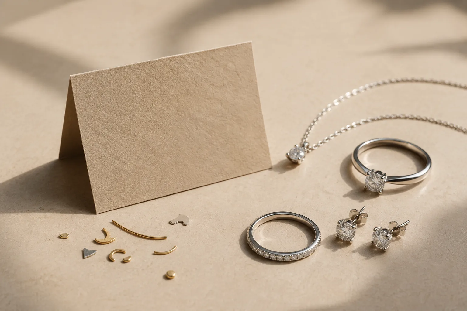 Generic diamond jewelry and metal pieces on a neutral surface suggesting sustainability claim review.