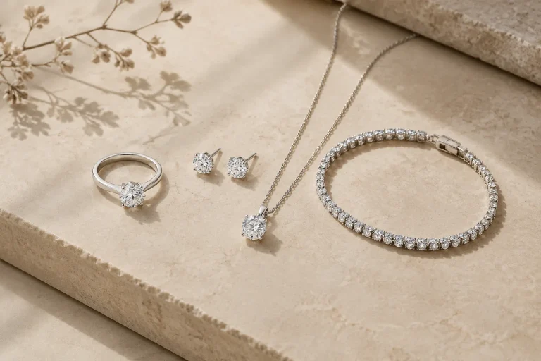 Pandora Lab-Grown Diamonds: What Buyers Should Know Generic lab-grown diamond rings, earrings, necklace, and bracelet arranged on a neutral surface.