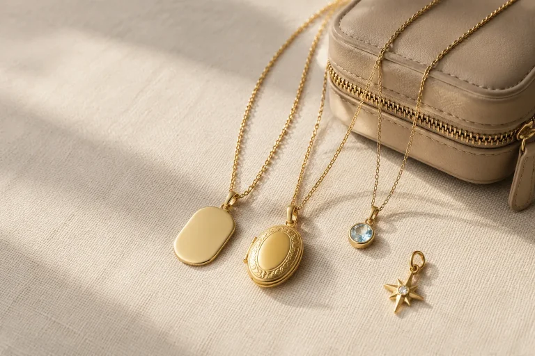 How to Choose Personalized Jewelry Gifts When You Do Not Know Their Size Unbranded pendants, charms, a locket, and a jewelry case arranged as low-fit-risk personalized gift ideas.